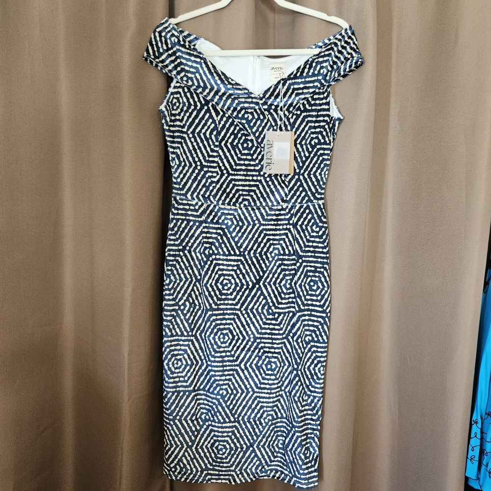 Designer Adrianna Papell Black and White Hexagon Midi Dress